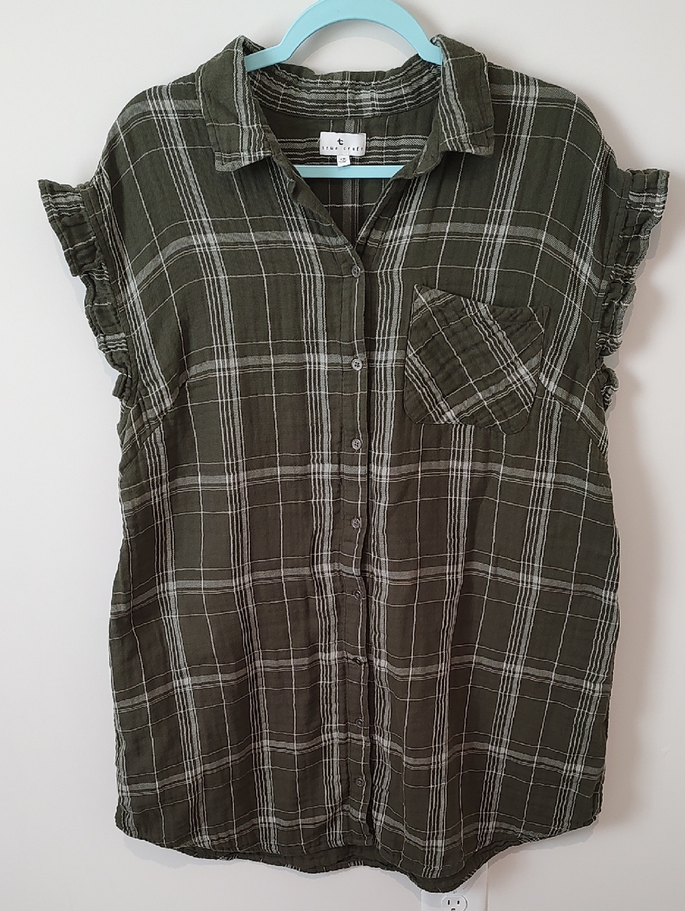 100% Cotton Green Plaid Button-Up Tunic Ruffle Soft Casual Grunge Effortless